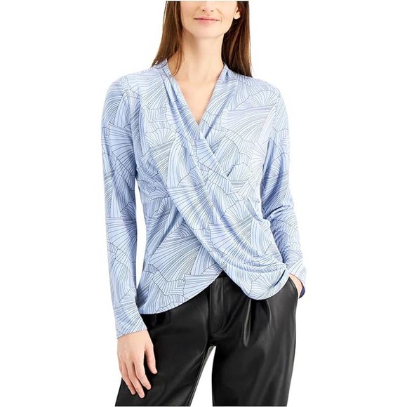 Alfani Tops - NWT Alfani Womens Blue Long Sleeve V-Neck Draped Pullover Blouse Top Size XL
